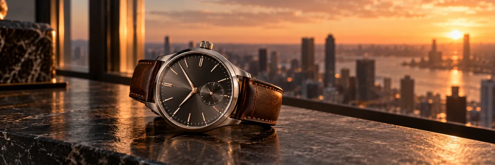 Reloj de pulsera sobre mármol con la ciudad al fondo al atardecer