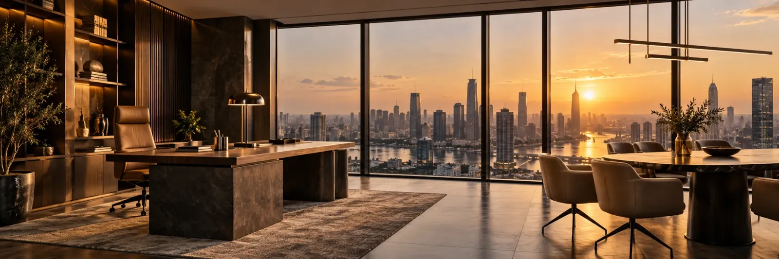 Despacho ejecutivo con vistas panorámicas de la ciudad al atardecer