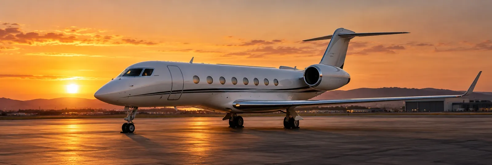 Jet privado sobre la pista de un aeropuerto al atardecer