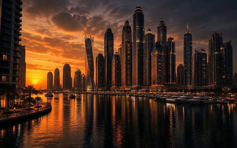 Rascacielos de Dubai Marina al atardecer