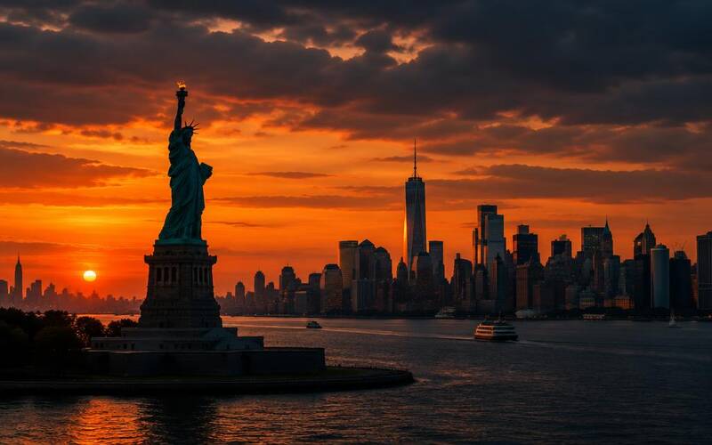 Estatua de la Libertad y Manhattan al atardecer